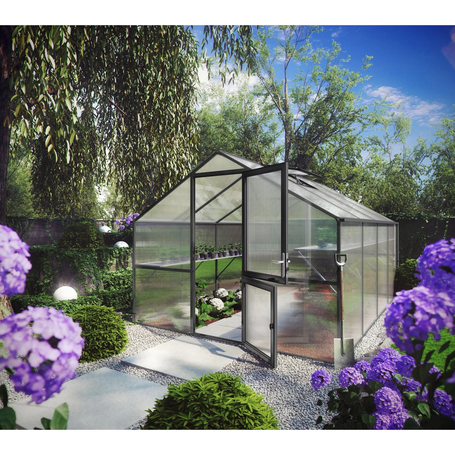 KGT Gewächshaus Orchidee, anthrazitgrau, 12,74 m², mit geöffneter Tür im Garten.