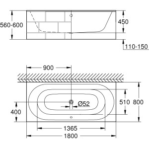 Technische Zeichnung der Grohe Essence Badewanne 180x80 cm mit Maßangaben.