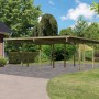 Karibu Doppelcarport Eco aus Holz mit PVC-Dachplatten und stabilen Pfosten im Garten.