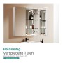 Weißer Emke Spiegelschrank, 75x65 cm, mit zwei doppelseitig verspiegelten Türen, geöffnet, zeigt Glasregale und Pflegeprodukte.