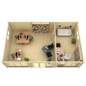 Grundriss Alpholz Gartenhaus Campus-70: 2-Raum-Holzhaus mit Flachdach, eingerichtet als Büro und Wohnraum.