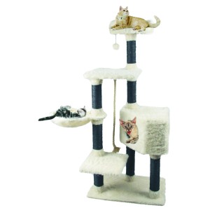 Weißer Kratzbaum mit Liegeflächen, Höhle und Spielzeug für Katzen.
