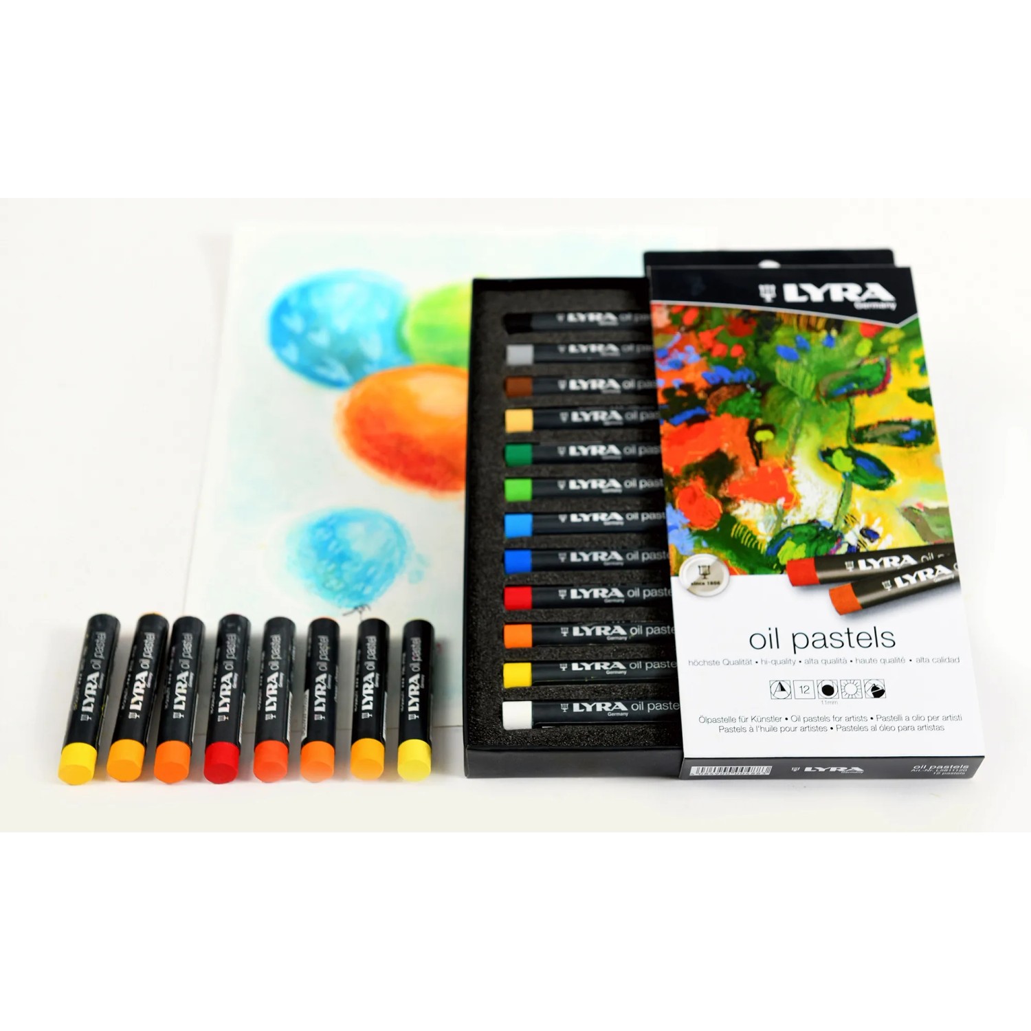 Lyra Öl-Pastellkreiden, 12 Farben im Kartonetui, für Künstlerbedarf und kreative Projekte.