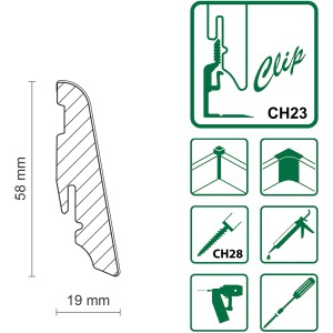 Profil der FN Neuhofer Sockelleiste FU060L Eiche, 19x58x2400 mm, mit Clip-System Montage.
