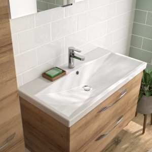 Pelipal Keramikwaschtisch 4035, 90 cm, weiß, mit Unterschrank in Holzoptik und Armatur.