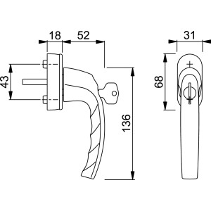 Technische Zeichnung: Hoppe Fenstergriff Atlanta Alu Natur abschließbar mit Maßangaben.