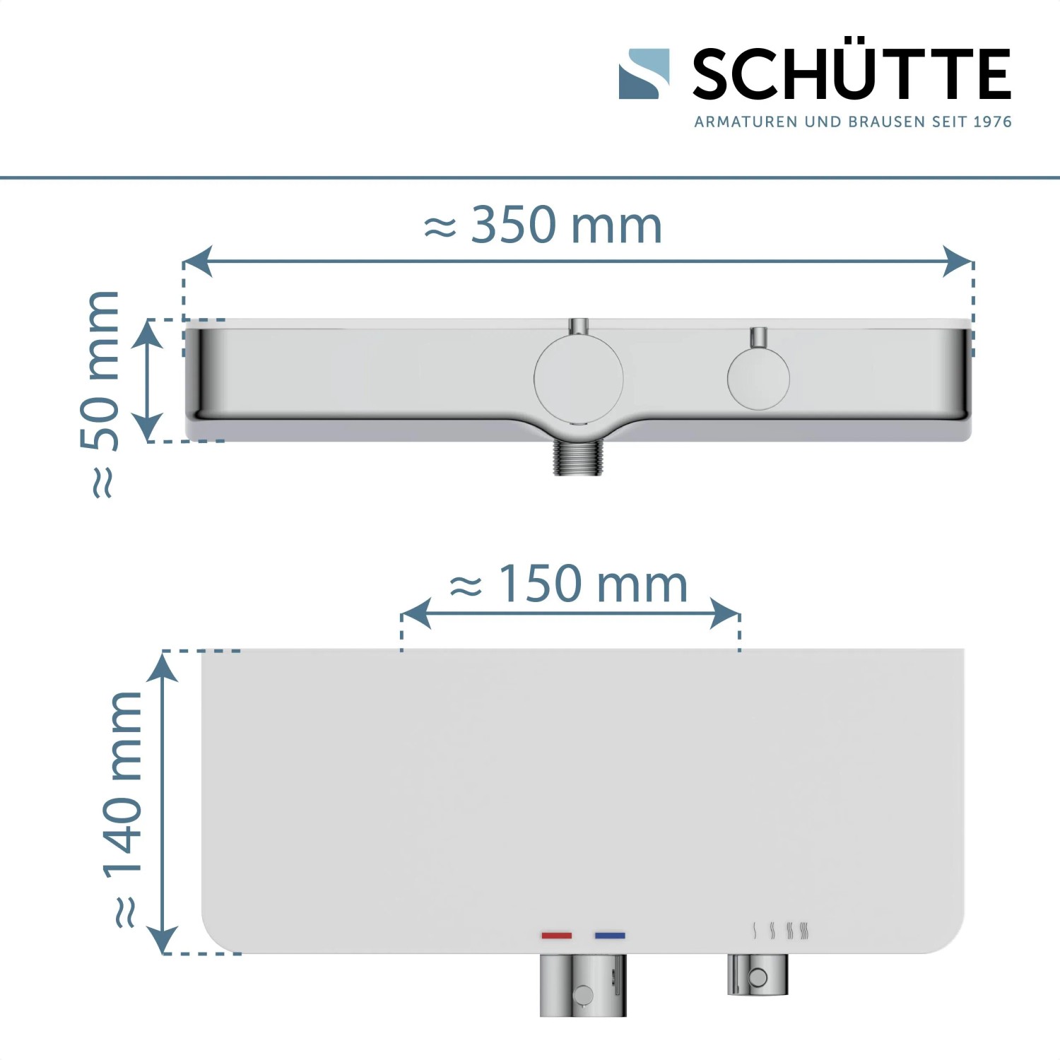 Schütte Thermostat-Duscharmatur Ocean Chrom-Weiß mit Maßangaben für Montage.