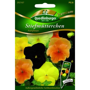 Quedlinburger Stiefmütterchen 'Partyfeuer' Samen mit orange, gelben und schwarzen Blüten.