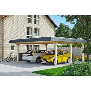 Skan Holz Doppelcarport Wendland Natur mit zwei geparkten Autos unter dem Carport.