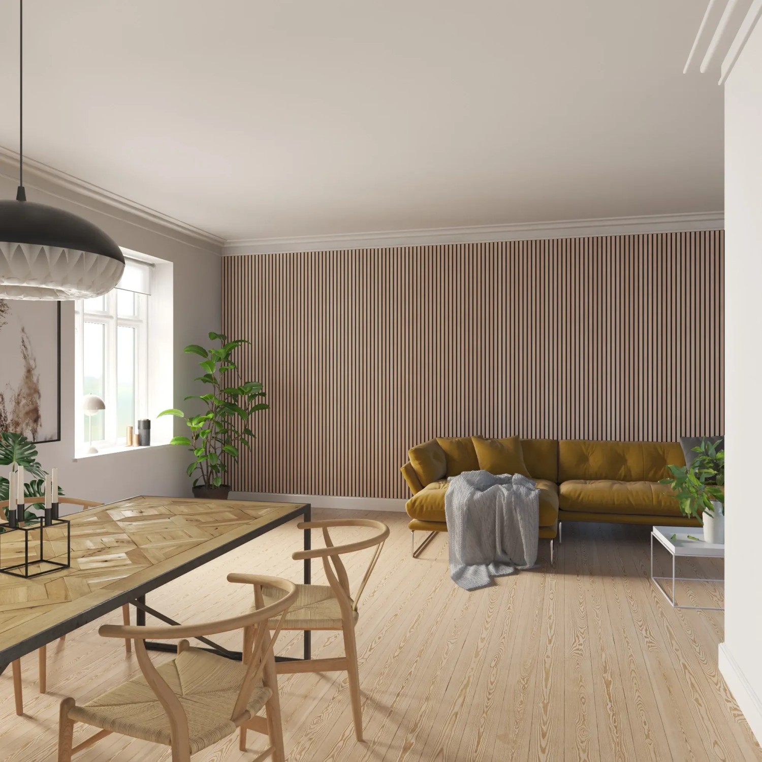 Wohnraum mit Akustikpaneel Buche, MDF schwarz, Filz schwarz an der Wand. Holzverkleidung für Wand und Decke.