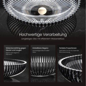 Emke ovales schwarzes Glas-Aufsatzwaschbecken mit gerippter Struktur. Hochwertige Verarbeitung für modernes Bad.