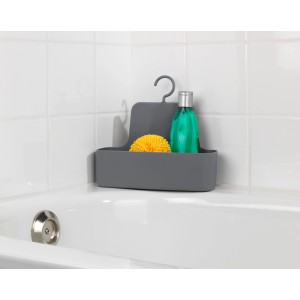 Wenko Duschcaddy Barcelona, anthrazitfarbener Hängekorb mit Duschgel und Schwamm in der Dusche.