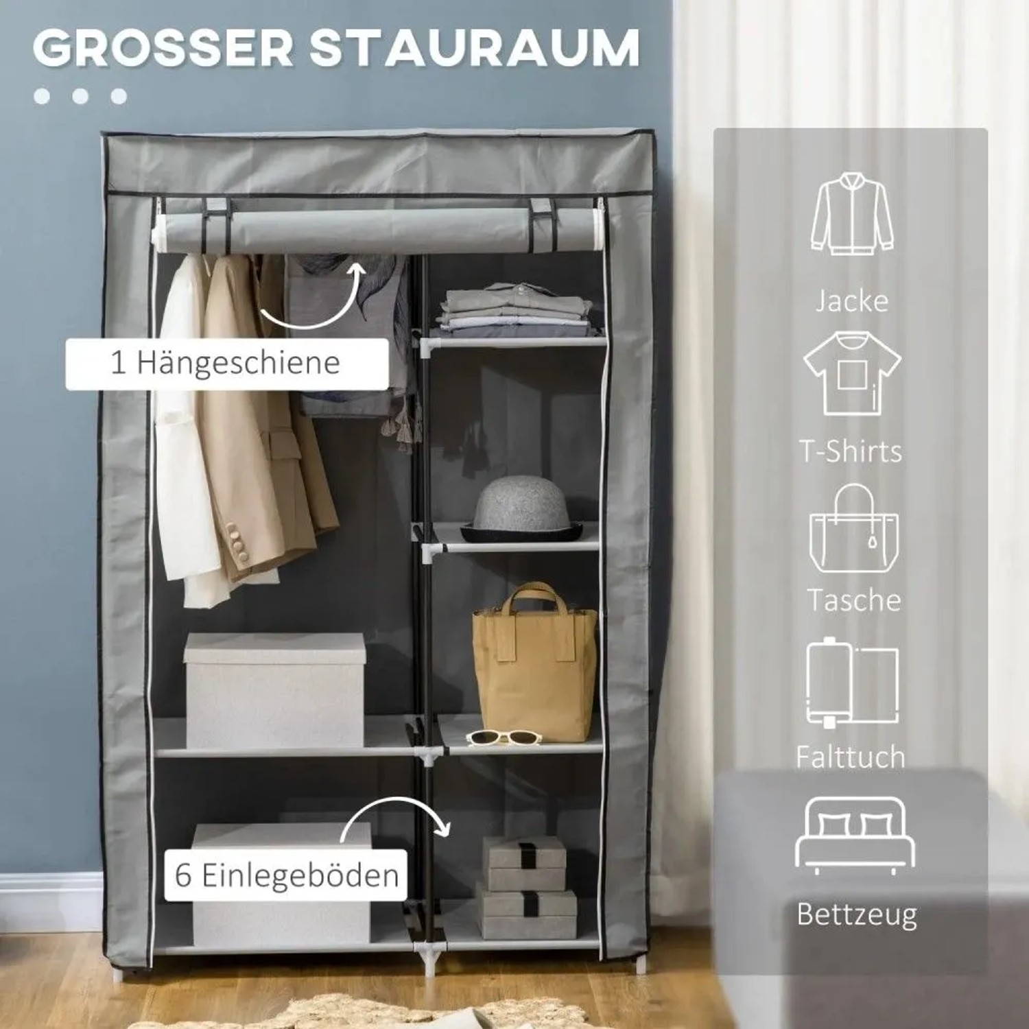 Grauer HOMCOM Stoff-Kleiderschrank mit Kleiderstange und 6 Fächern, gefüllt mit Kleidung und Boxen.