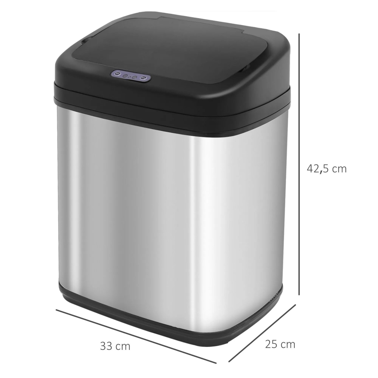 Elektrischer HOMCOM Mülleimer aus Edelstahl, silber-schwarz, mit Infrarotsensor. Maße: 33x25x42,5 cm, 20L.