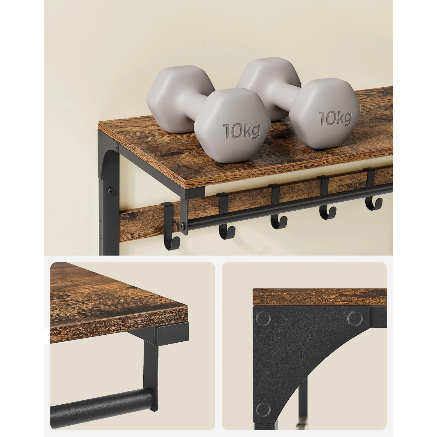 Songmics Wandgarderobe Barnet-old mit Ablage, 10 Haken, braun-schwarz, mit Hanteln dekoriert.