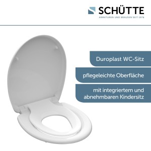 Weißer Schütte WC-Sitz Duroplast Family mit Absenkautomatik und integriertem Kindersitz.