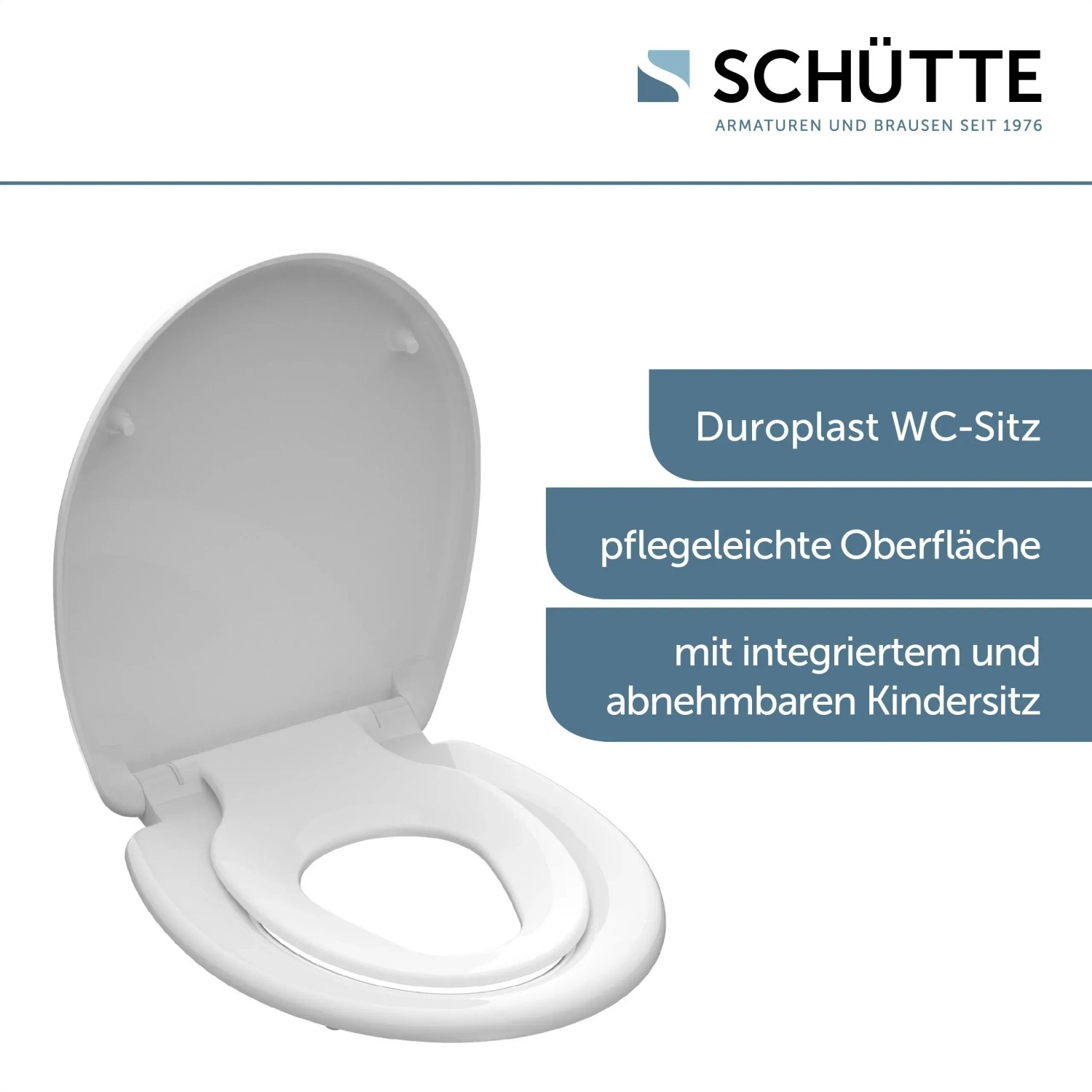 Weißer Schütte WC-Sitz Duroplast Family mit Absenkautomatik und integriertem Kindersitz.
