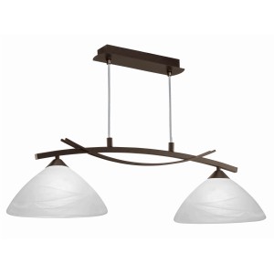 Dekorative Eglo Pendelleuchte Vinovo, dunkelbraunes Metall mit zwei alabasterfarbenen Glasschirmen.