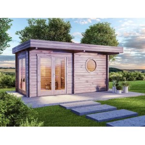 Finntherm Gartensauna Enns-70 aus Fichtenholz, naturbelassen mit Flachdach und runden Fenster.