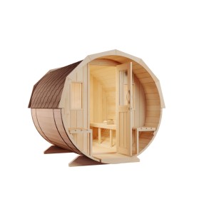 FinnTherm Fasssauna Sam Bausatz: Sauna in Fassform aus Fichte mit Liegen und Dachschindeln.