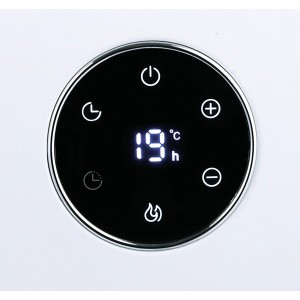 Nahaufnahme des Bedienfelds der Konvektorheizung Grimstad mit digitaler Temperaturanzeige.