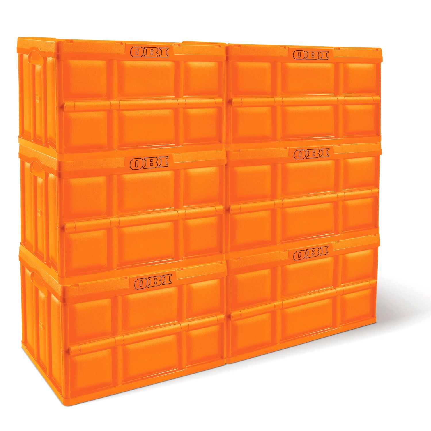 Gestapelte, orangefarbene OBI Klappboxen, 46 l, ideal zur platzsparenden Aufbewahrung.