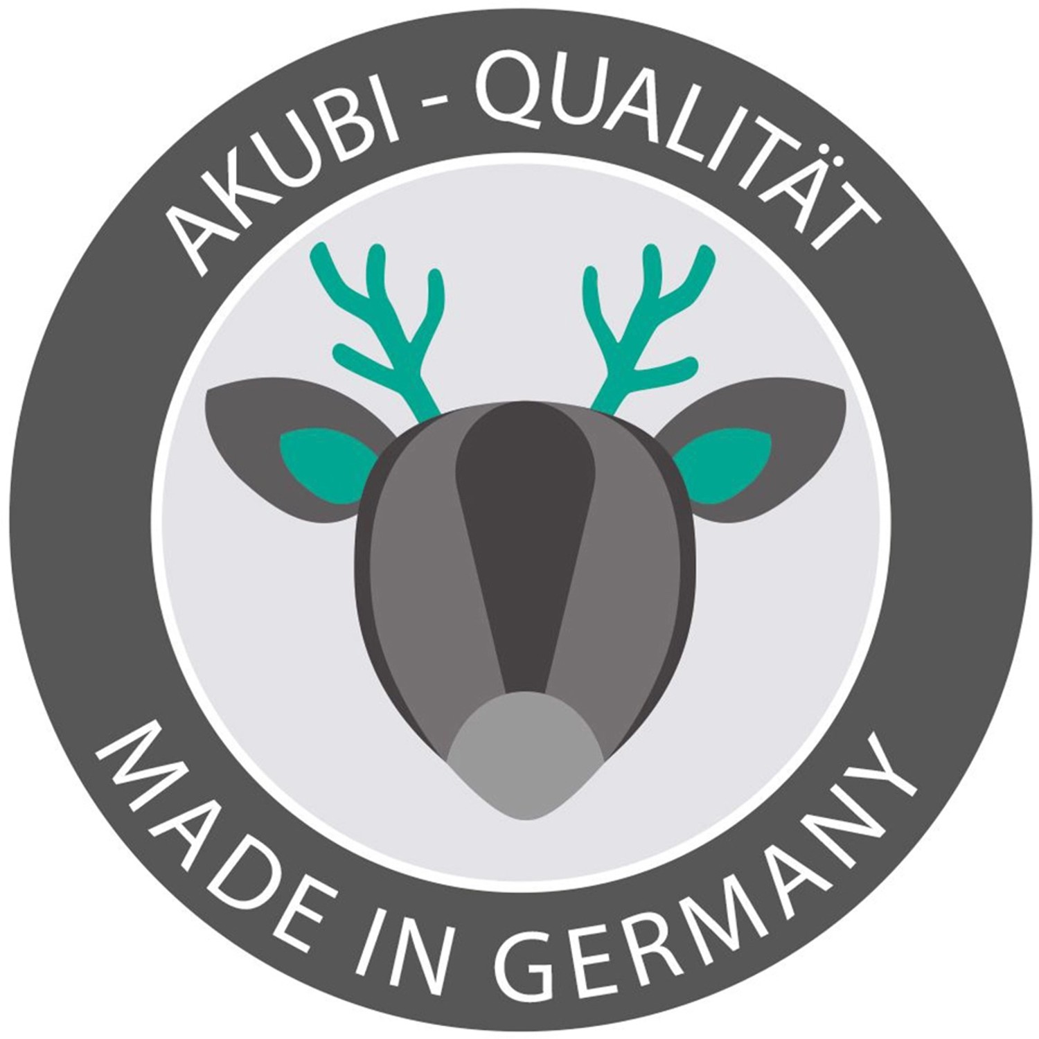 Akubi Qualitätssiegel Made in Germany mit stilisiertem Hirschkopf.