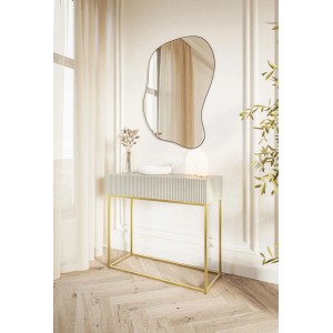 Selsey Veldio Konsolentisch 90 cm, greige mit Lamellenfront, Schublade und goldenen Beinen im Wohnzimmer.