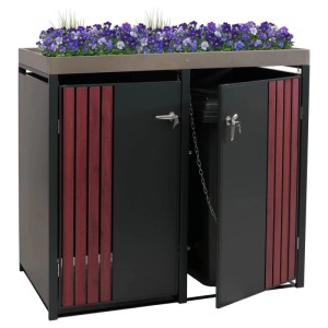 Anthrazitfarbene 2er-Mülltonnenbox mit Pflanzkasten in Holzoptik (125x132x84cm)