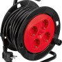 Schwarze Kabeltrommel mit rotem Steckdoseneinsatz, 12 m Kabel, 4 Steckdosen.