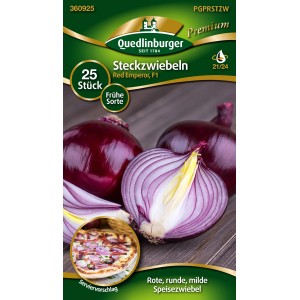 Packung Quedlinburger Steckzwiebeln 'Red Emperor', rote, runde Speisezwiebeln.