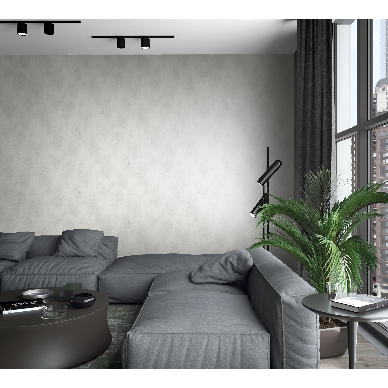 Wohnraum mit Marburg Vliestapete Struktur Modern Greige FSC® an der Wand.