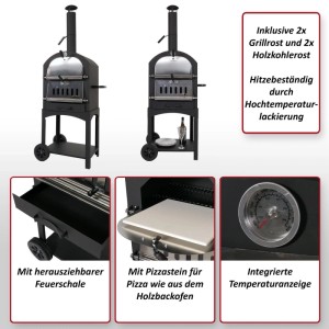 Schwarzer Holzkohlegrill mit Pizzaofen, Temperaturanzeige, Grill- und Holzkohlerost sowie Pizzastein.
