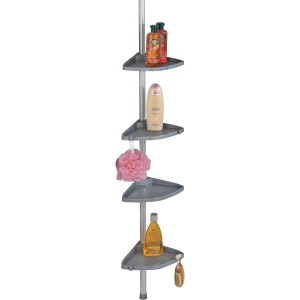 Wenko Teleskop-Duschecke Compact, silbernes Aluminium-Teleskopregal mit vier Ablagen.