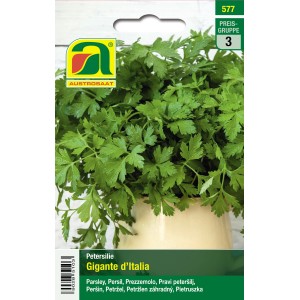 Saatgutpackung Petersilie Gigante d'Italia mit üppigen, grünen Blättern.
