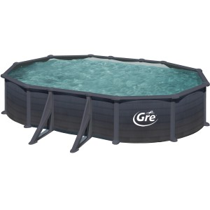 Ovaler Gre Stahlwandpool Granada in Graphitoptik, 610x375x132 cm, gefüllt mit Wasser.