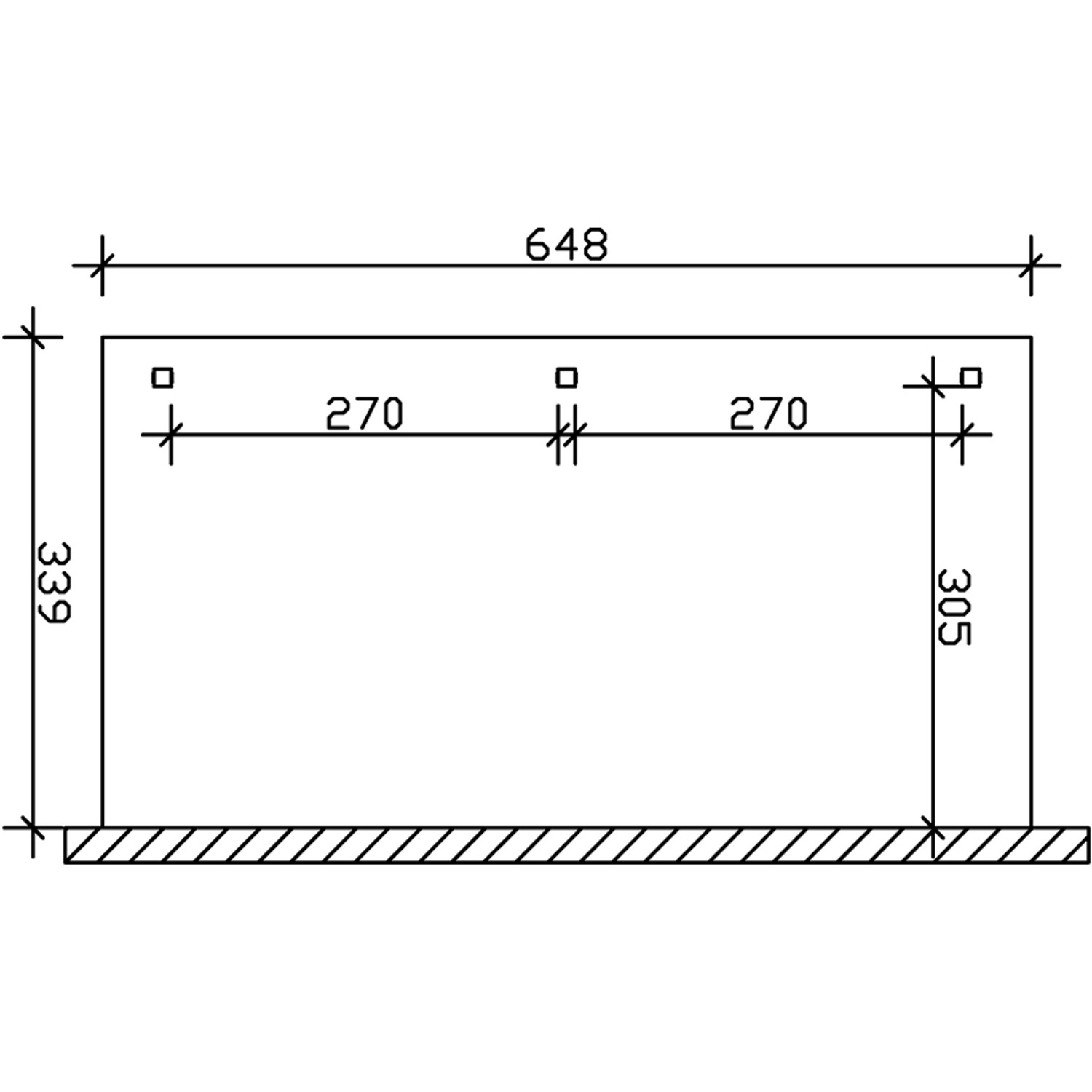 Technische Zeichnung: Skan Holz Terrassenüberdachung Venezia, 648x339 cm, Maße und Pfostenpositionen.