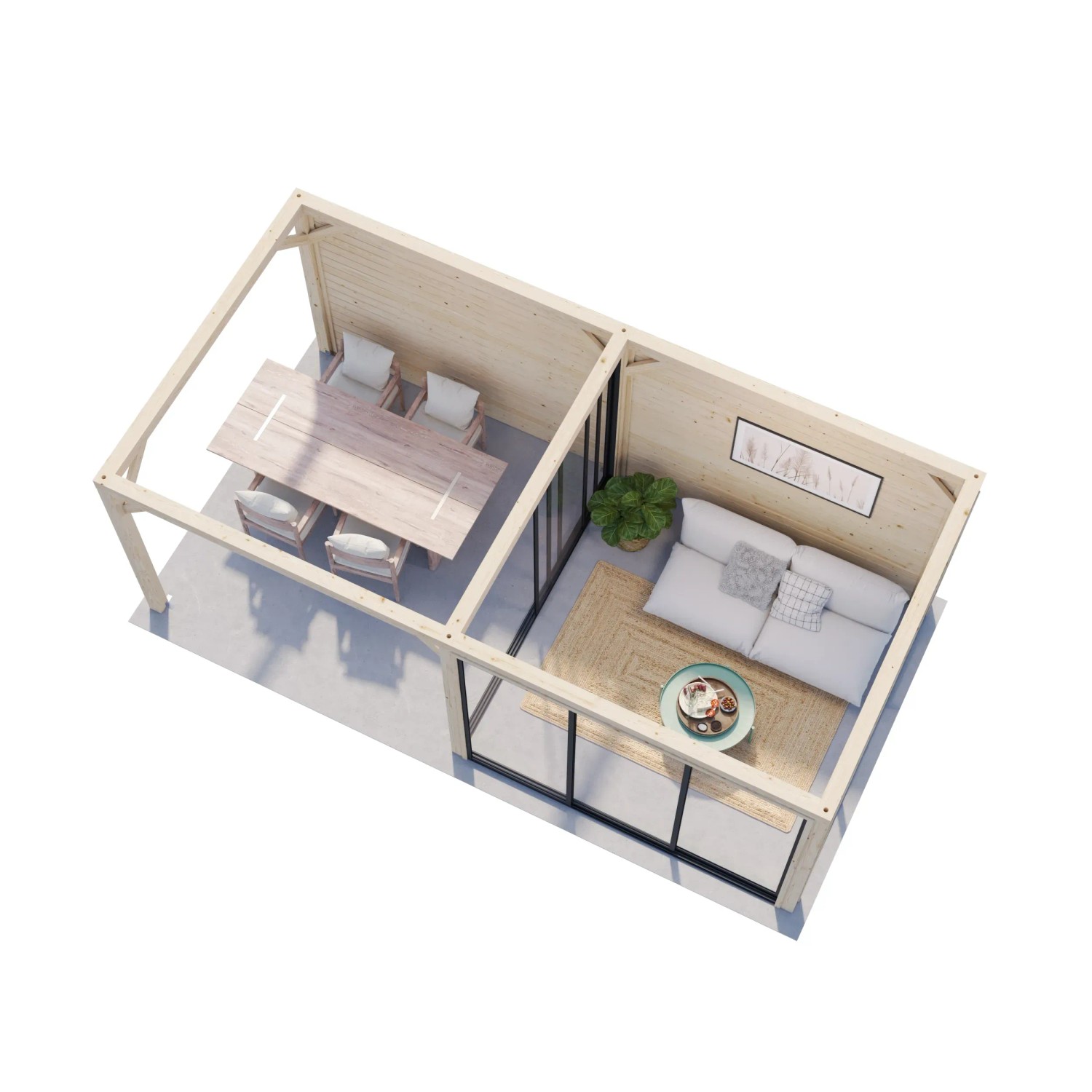 Palmako Pavillon Bianca Set, 588x300 cm, weiß lackiert. Weekendhaus mit Schiebetüren und Sitzbereich.