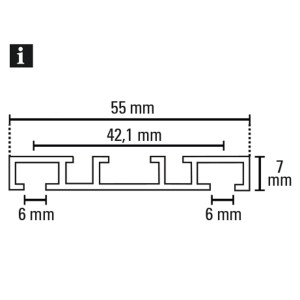 Technische Zeichnung Gardinia Vorhangschiene 2-läufig, Maße: 55x7x6 mm.