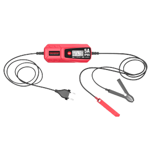Absaar AB-5 Batterieladegerät 5A für Auto- & Motorradbatterien bis 140Ah. All-in-One Ladegerät in Rot mit Ladekabel.
