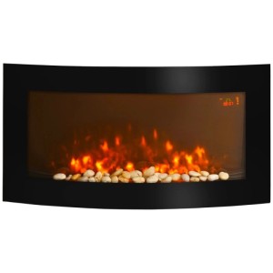 Schwarzer, gebogener Elektrokamin mit realistischer Flammenoptik, hellen Ziersteinen und Digitalanzeige. Modernes Design.