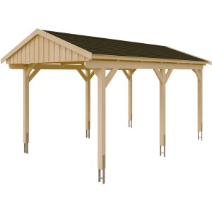 Skan Holz Carport Fichtelberg aus Fichte mit schwarzen Schindeln und sechs Pfosten.