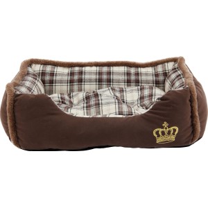 Braunes Hunde- und Katzenbett „Krone“ mit kariertem Innenmuster und goldener Kronen-Stickerei.