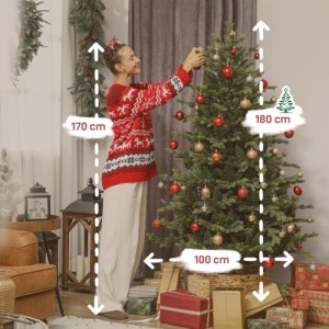 Künstlicher HOMCOM Weihnachtsbaum, 180 cm hoch, 100 cm breit, mit roten Kugeln dekoriert. Realistische Fichtenform.