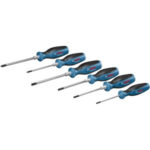 Bosch Professional Schraubendreher-Set, 6-teilig, mit blau-schwarzen Griffen.