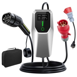 Junsun EV Ladegerät 11kW mit Type 2 Stecker, 4m Kabel, Display und Adaptern für Elektrofahrzeuge.