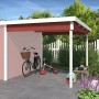 Dachverlängerung Schwedenrot für Zambezi Gartenhaus, Anbau mit Fahrrädern und Bank.