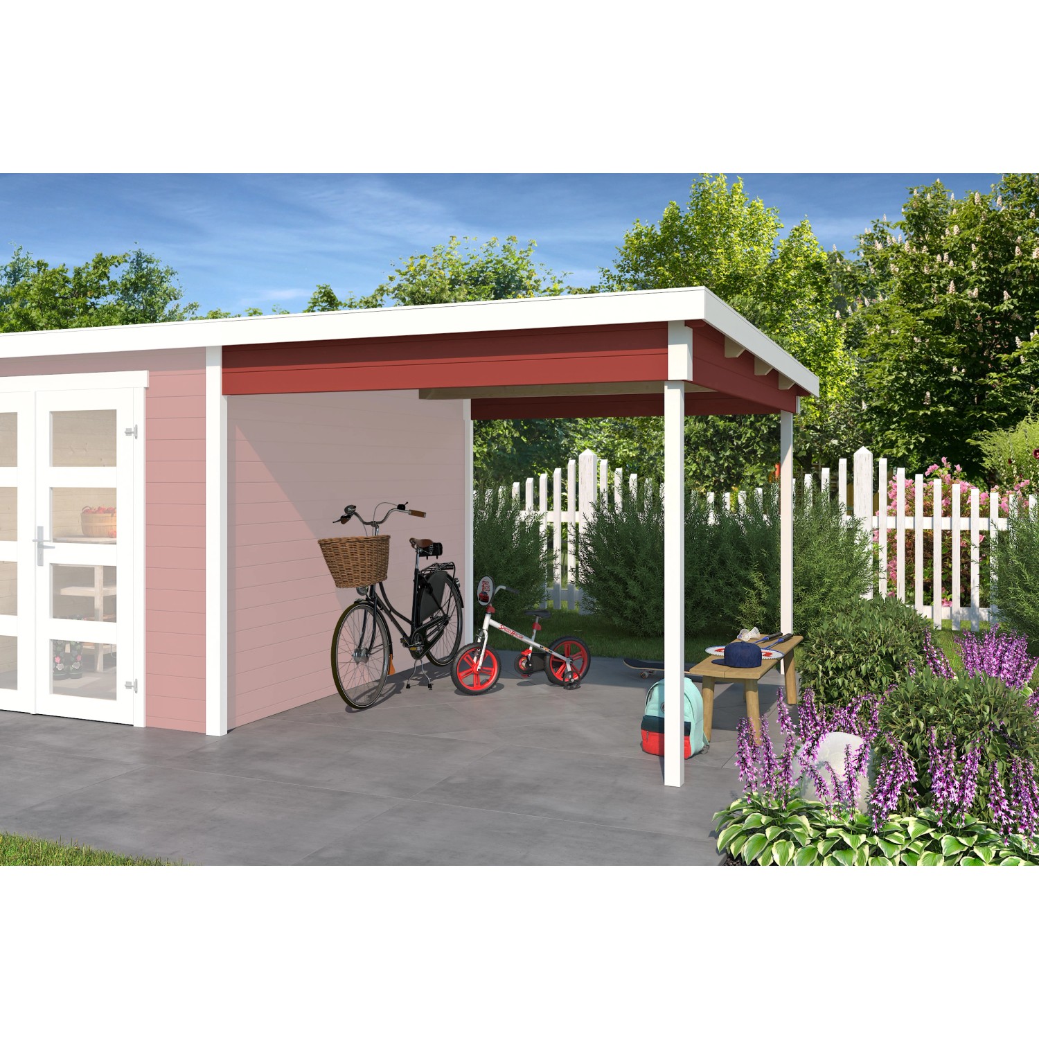 Dachverlängerung Schwedenrot für Zambezi Gartenhaus, Anbau mit Fahrrädern und Bank.