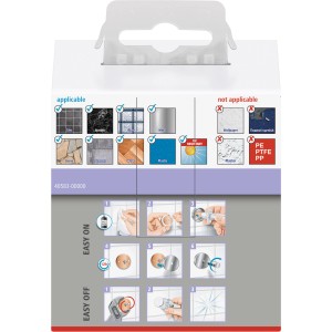 Verpackung des Tesa Handtuchhakens Moon Grau Matt mit Montageanleitung und Anwendungsbereichen.