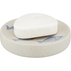 Handbemalte Wenko Seifenablage Aquamarin aus Keramik mit maritimen Fischmotiven und Seife.